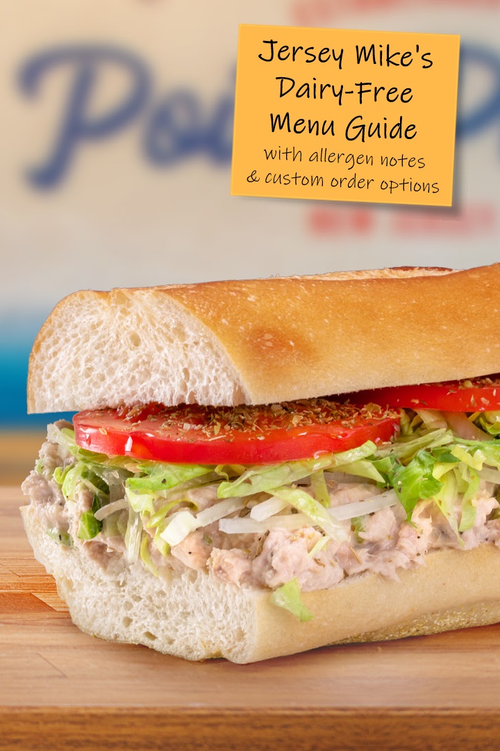 Jersey Mike's Dairy-Free Menu Guide with Allergen Notes, Custom Order Options, and Gluten-Free Choices. Includes a separate Vegan Menu.
