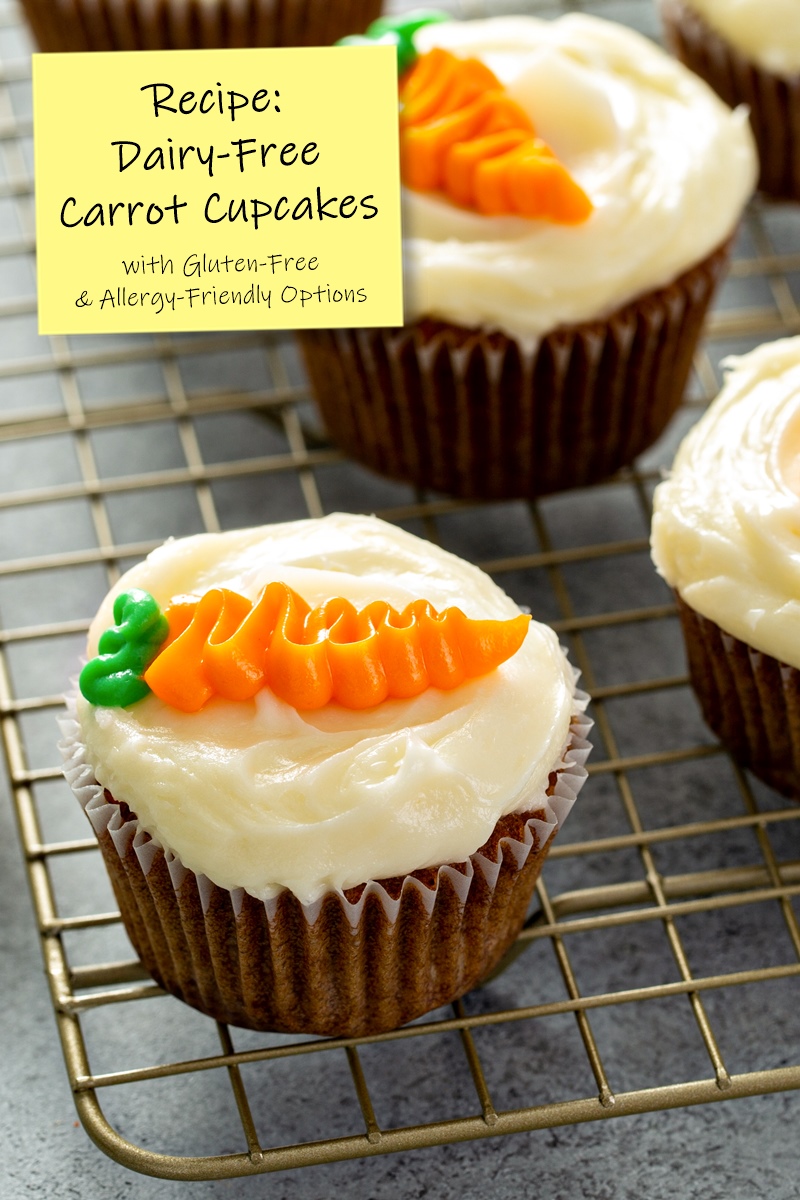 Dairy-Free Carrot Cupcakes Recipe - includes pineapple cream cheese frosting recipe + options for gluten-free, egg-free, vegan, and even pineapple-free. Naturally nut-free and soy-free. Moist, tender, and delicious!