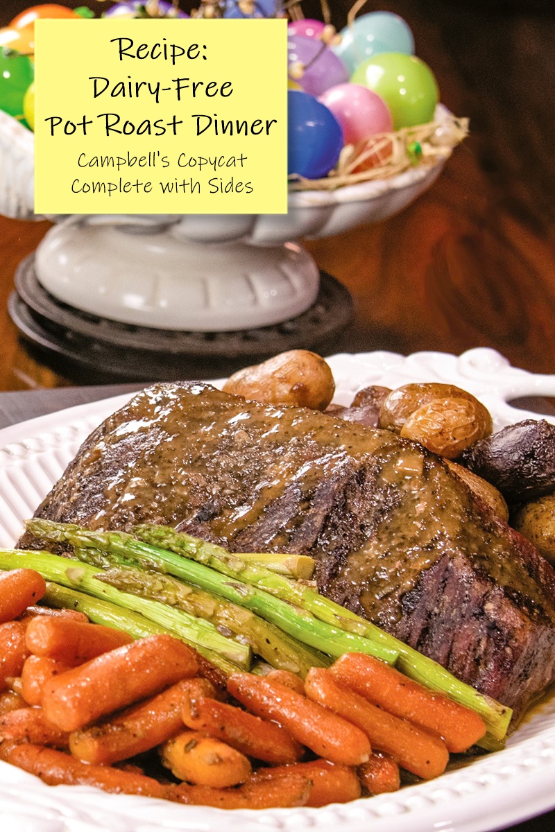 Dairy-Free Pot Roast Dinner Recipe complete with carrots, potatoes, onions, and asparagus. It's a copycat of Campbell's classic recipe. Great for Easter or Sunday dinners.