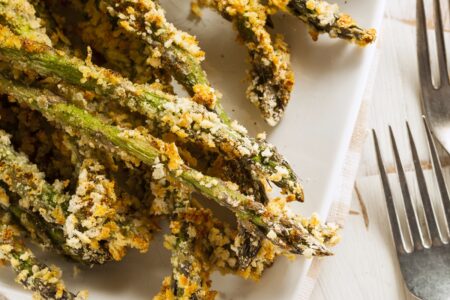 Dairy-Free Crispy Baked Asparagus Recipe - with gluten-free, vegan, and allergy-friendly options. Includes dip suggestions. Enjoy the spears as a side or as appetizer "fries."